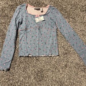 The Children's Place Blue Ribbed Long-Sleeve Top with Pink Rose Print